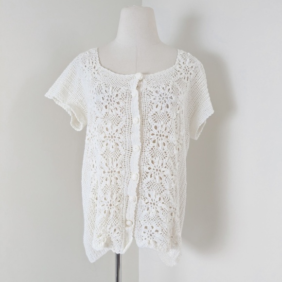 Crochet Button Down Cardigan Short Sleeve See-through Floral - Picture 2 of 10